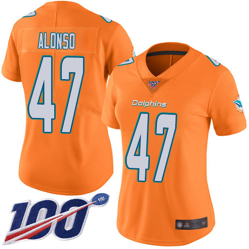 Nike Miami Dolphins 47 Kiko Alonso Orange Women Stitched NFL Limited Rush 100th Season Jersey